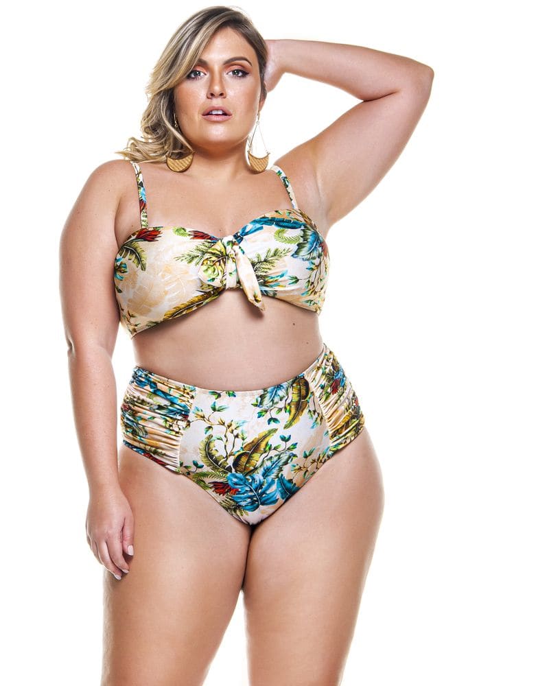 Front of a model wearing a size 18 Padded Bandeau Bikini Top With Tie Detailing in Douro by Lehona. | dia_product_style_image_id:267700